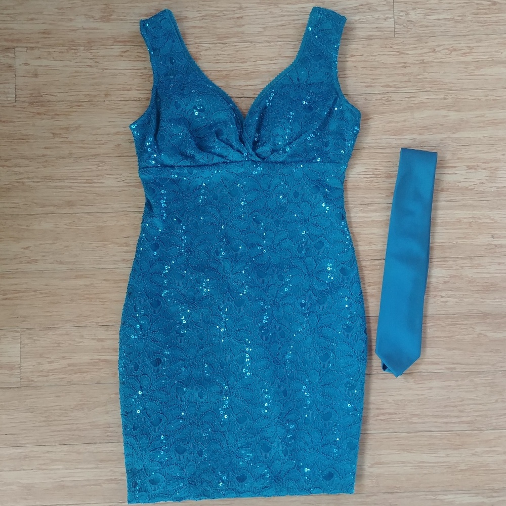 Holiday Teal Lace/Sequin Plunge Neck Dress + Tie